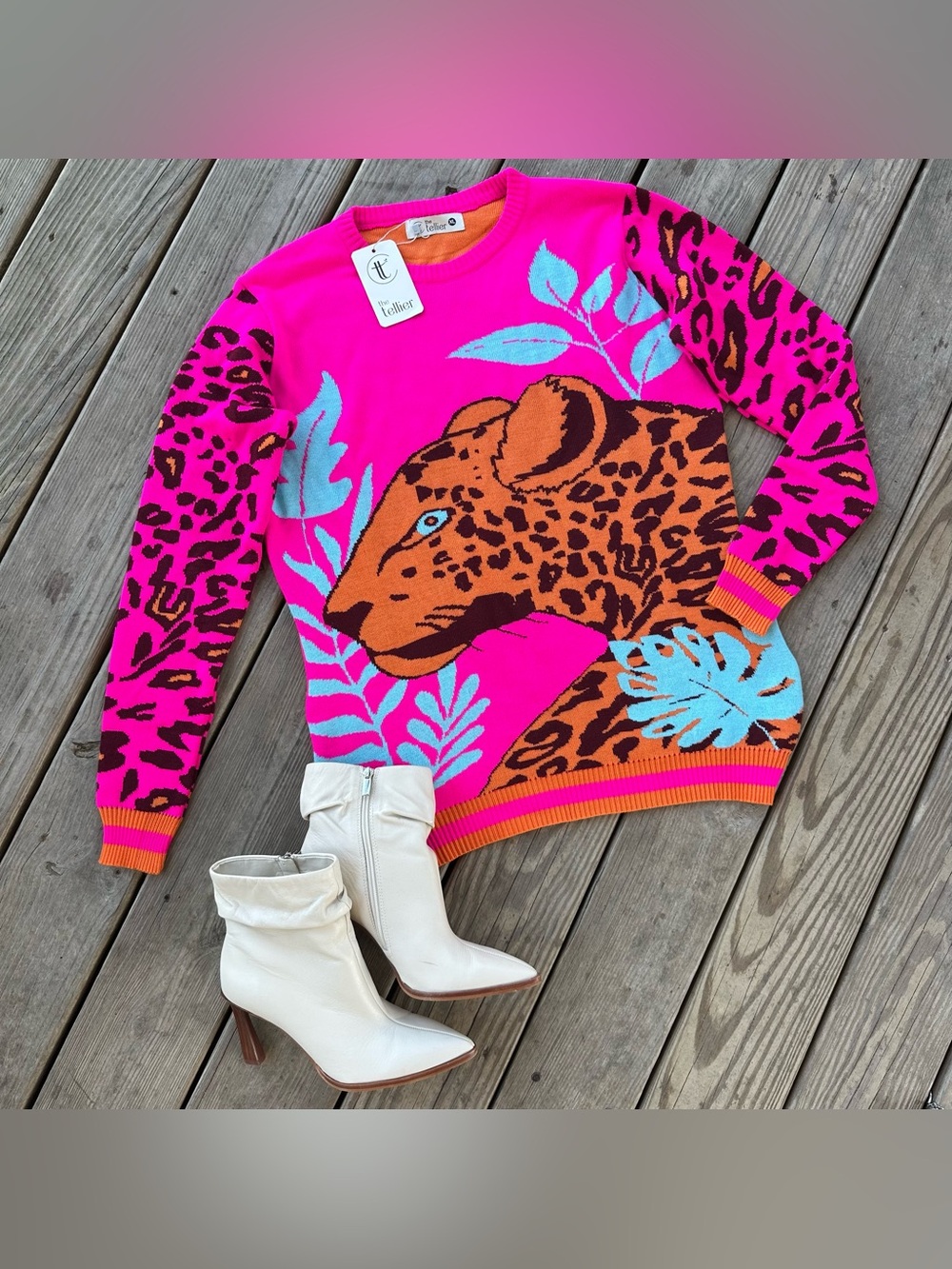 The Tellier Cheetah Tropical Sweater Pink XL